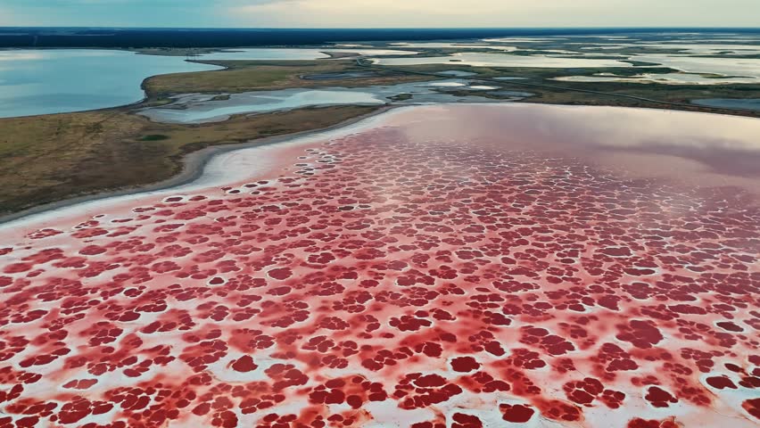 Stunning and Beautiful Aerial View of a Pink Salt Lake Featuring Unique Natural Patterns