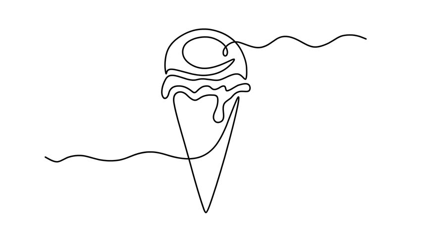 Animated self drawing of continuous line draw Ice cream in waffle cone. Symbol dessert gelato for menu. Full length one line animation. 4K	