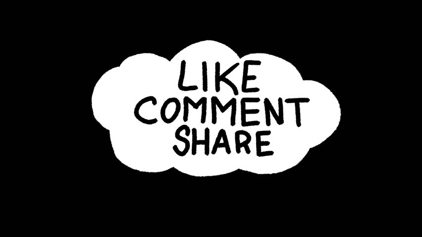 Animated hand-drawn lettering showing the words “Like Comment Share” in a bold scribble style inside a cartoon cloud. Supplied in transparent and green screen versions for video design use.