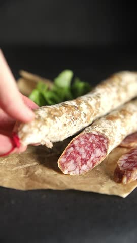 Sausage dry-cured pork meat smoked food fresh gourmet food background on the table rustic food top view copy space