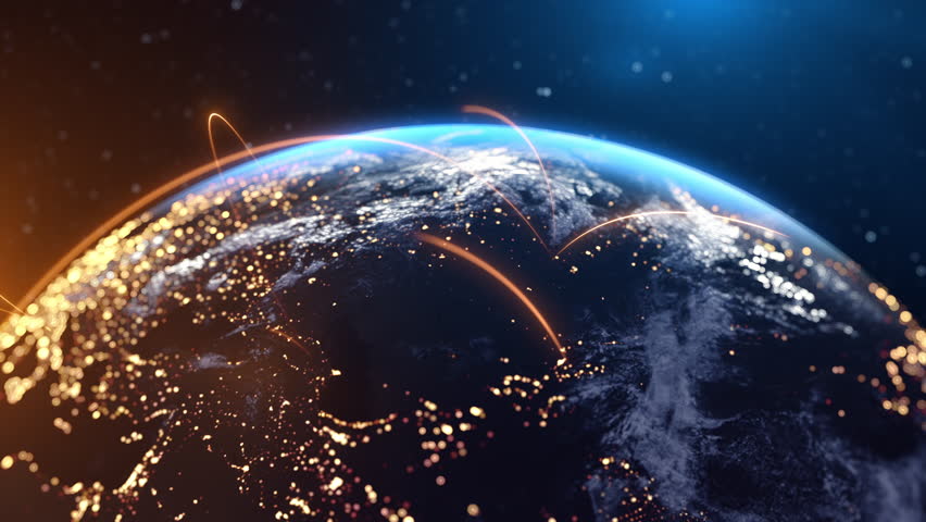 Global Connection Lines. Network Data Transfer Over Earth. Futuristic AI Technology, 5G, Satellite Communication, Internet Connectivity, Big Data, Digital World Background Animation. Crypto Exchange