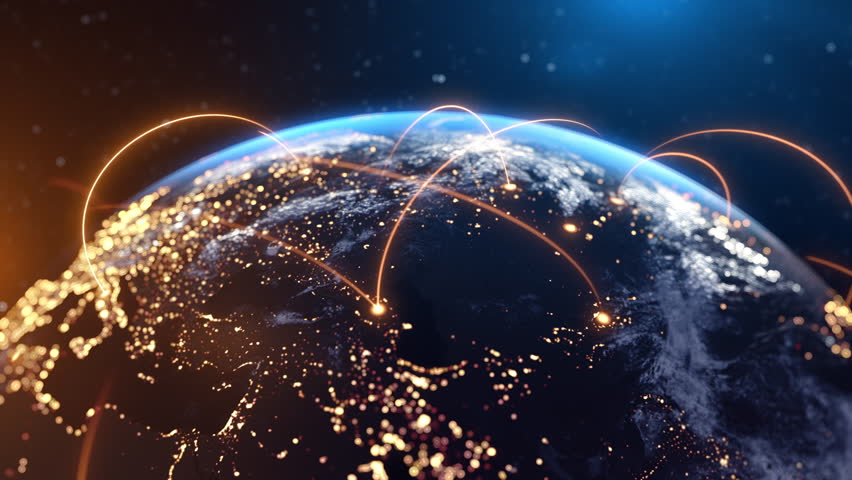 Global Connection Lines. Network Data Transfer Over Earth. Futuristic AI Technology, 5G, Satellite Communication, Internet Connectivity, Big Data, Digital World Background Animation. Crypto Exchange