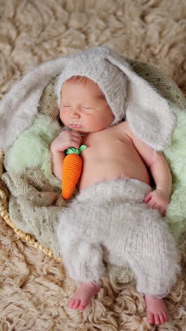 Baby sleeps peacefully dressed in white bunny hat and fluffy pants holding carrot. Infant in basket creates charming and whimsical scene