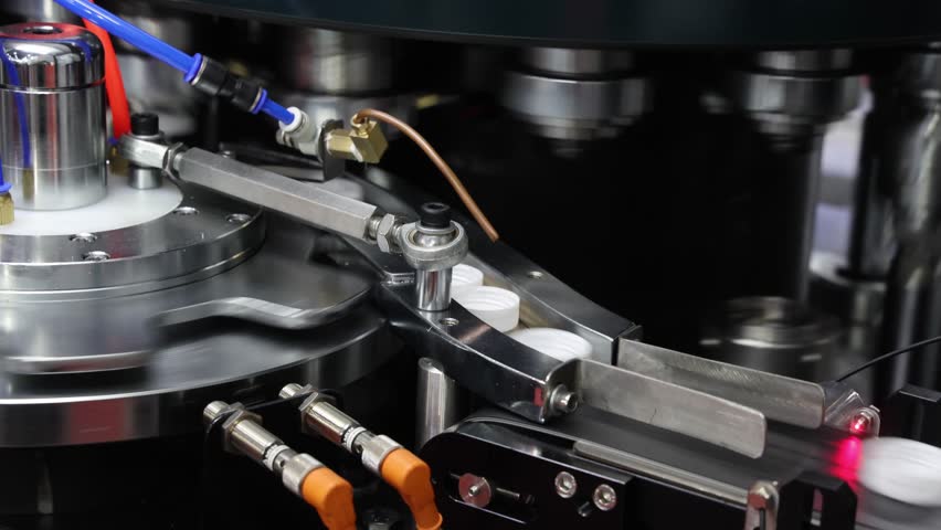 Plastics Cap making. Demo of Plastic caps moving through automated assembly machine in modern factory. Precision engineering and robotic in industrial plastic packaging and bottle cap manufacturing.