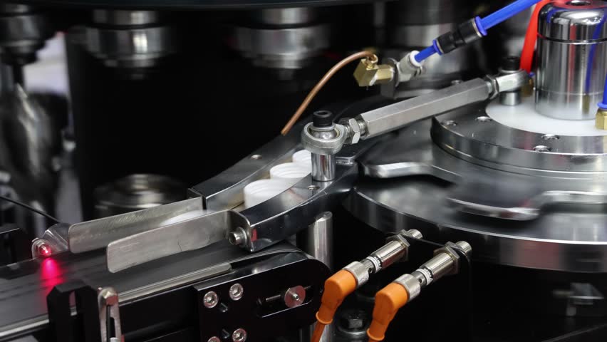 Plastics Cap making. Demo of Plastic caps moving through automated assembly machine in modern factory. Precision engineering and robotic in industrial plastic packaging and bottle cap manufacturing.
