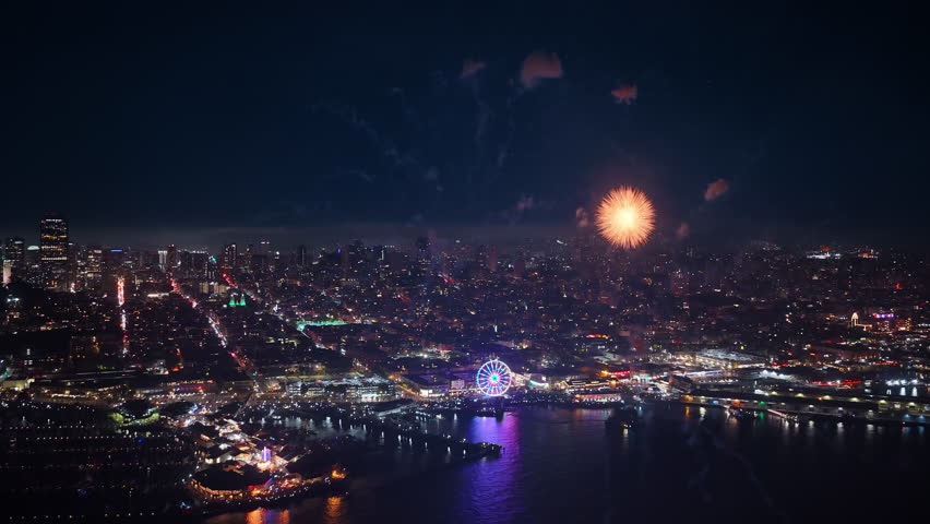 Stunning aerial view shows fireworks lighting up the San Francisco skyline on July 4 Independence Day in California USA with colorful and creative displays illuminating the festive summer night  - Powered by Shutterstock - Get 15% off with code: PIKWIZARD15