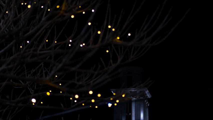 Cathedral bell tower emerging from darkness with christmas decorations. Christmas lights illuminate a tall white bell tower at night, gradually revealing a square decorated with festive lights