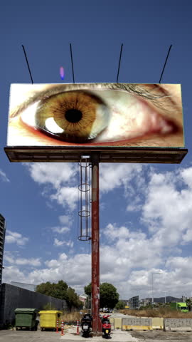 large outdoor advertising board with videos of eyes looking around on the screen in vertical