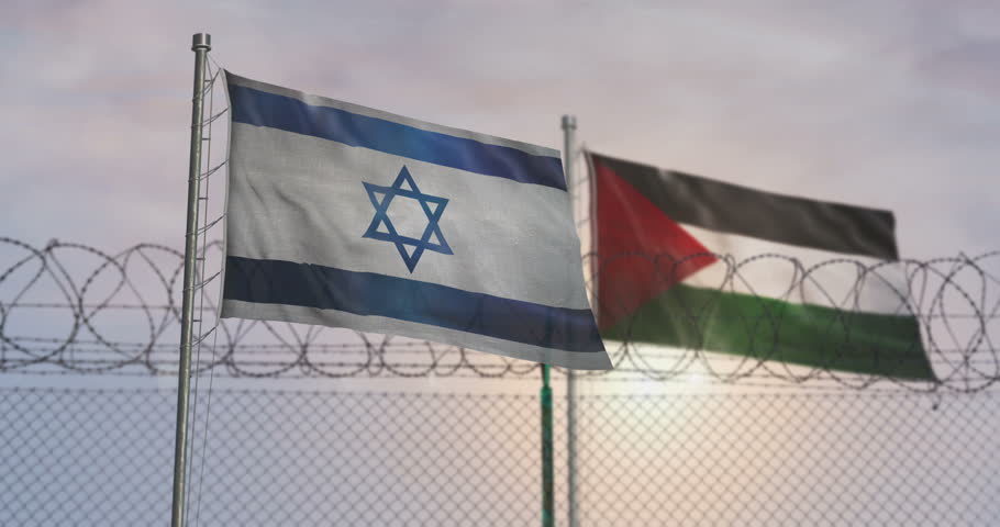 Israel and Palestine waving flags on country border concept. Gaza Strip blowing banner with barbed wire fence.