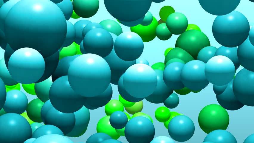 Horizontal parallax camera sweep animation featuring soft blue and green pastel colored spheres gracefully drifting across a blue gradient backdrop