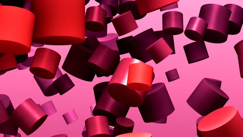 Horizontal camera pan animation with parallax effect showcasing cylinder shapes in soft pastel purple and red hues, gliding over a pink gradient background