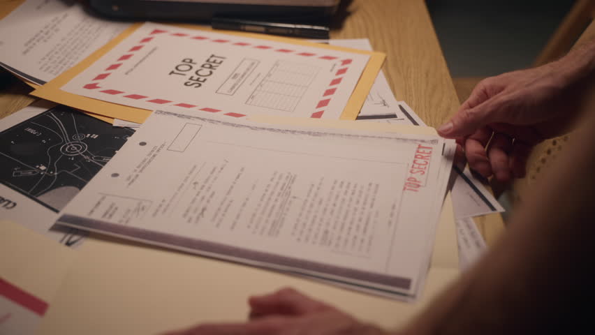 Close-up of hands flipping through classified documents on a wooden desk. Secret files, red stamps, and confidential papers evoke espionage, investigation, or government conspiracy themes