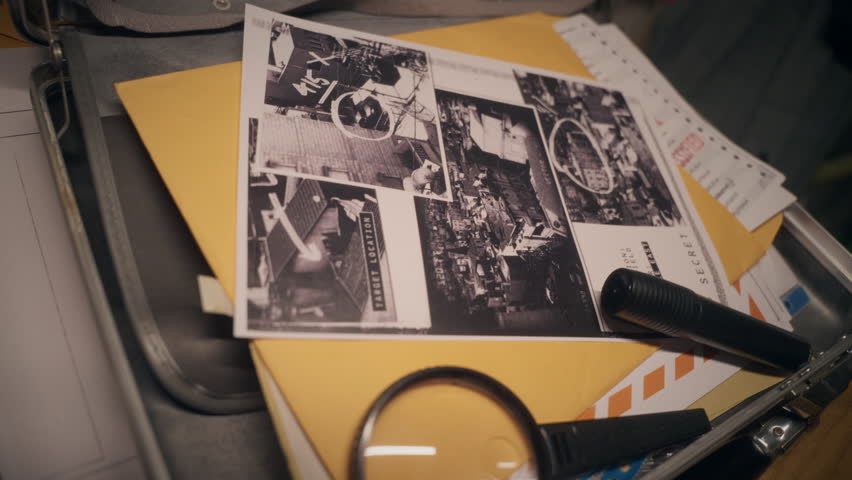 Cluttered desk covered in classified and top secret documents, including maps, photos, and redacted files. A briefcase and magnifying glass hint at espionage or intelligence work. Close-up.
