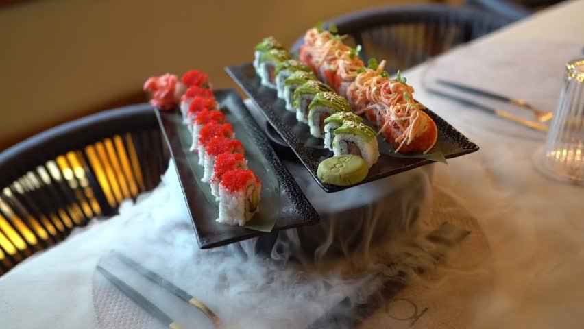Colorful sushi rolls served on black trays with a smoky presentation, close up shot