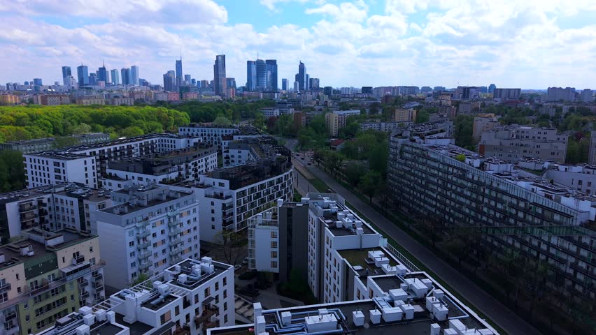 Warsaw, poland, showing wola district with modern buildings and skyline, aerial view