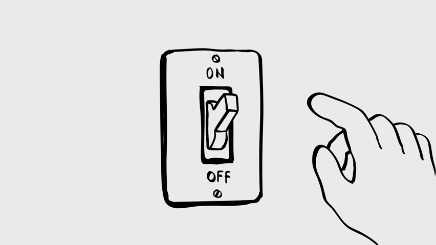 2d Animation cartoon character drawing of a light switch turned on and off on white, black and green screen in 4k ultra-high-definition.