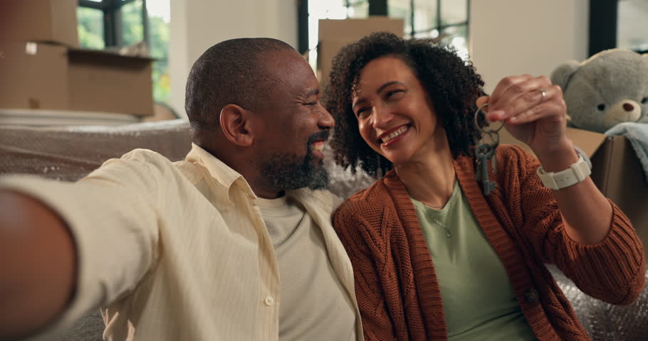 Happy, black couple and face with keys or selfie in new home for property investment or memory. Portrait, man and woman with smile or access for photography, picture or apartment together in house