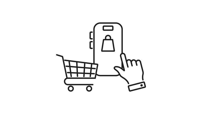 Online shopping line animation. Online shopping animation hand taps phone near full cart. Suitable for ecommerce websites, social media ads, and digital marketing campaigns.