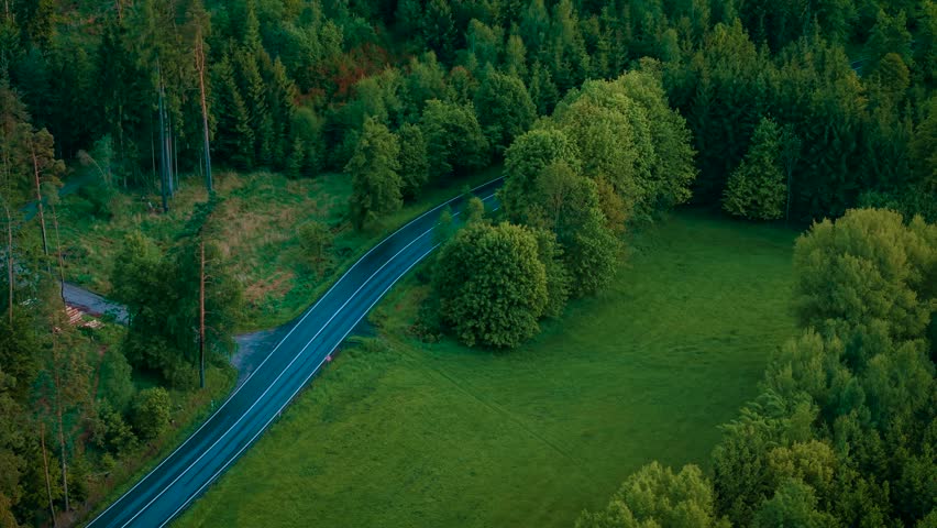 Van driving on narrow road through green forest. White minivan moving along curvy wet route under cloudy weather. Vehicle traveling on winding asphalt road surrounded by trees and grassland