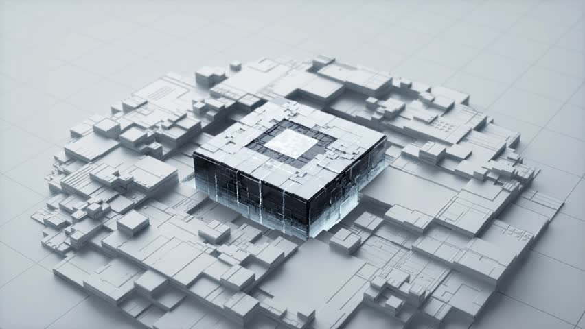 The gray blocks rise and fall, gathering into a block aggregate, and the blocks transform into chips, activating artificial intelligence chips and neural network big data computing. Technological 3D.