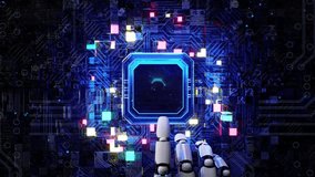 AI chip lights up and colorful circuit board, robot presses to verify fingerprint, big data cube rotates, 5g ball is surrounded by lines, 5g communication development affects city operation, 3d render - Powered by Shutterstock - Get 15% off with code: PIKWIZARD15