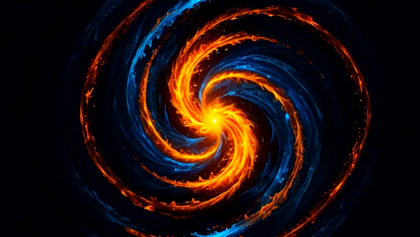 Two main color bands, orange-red that resembles fire and blue-blue that resembles ice or electrical energy, spiral inward towards a radiating bright yellow core.