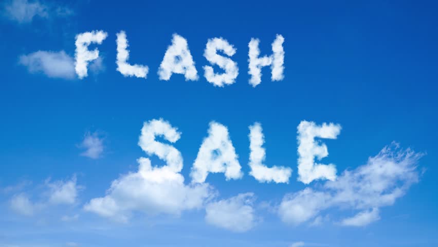 animated video of FLASH SALE text , soft cloud brush, on bright blue sky, for special price offer, Mega sale, 4K video