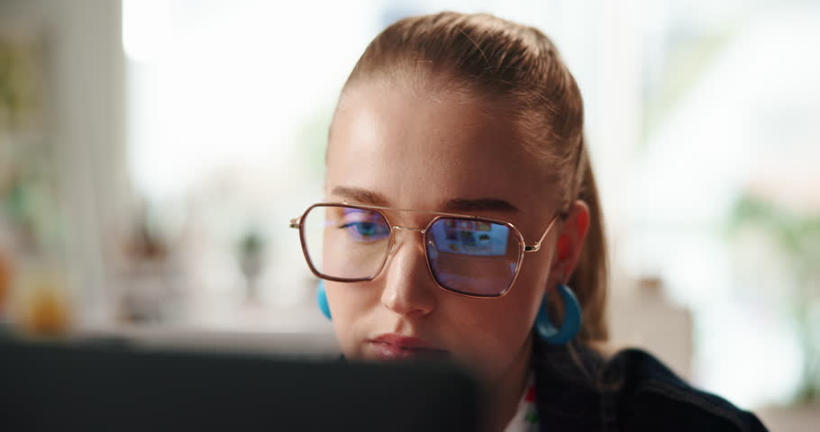 Computer reflection, office and business woman editing blog, copywriting and reading research. Technology, face and worker on website online for creative problem solving or content writing in startup