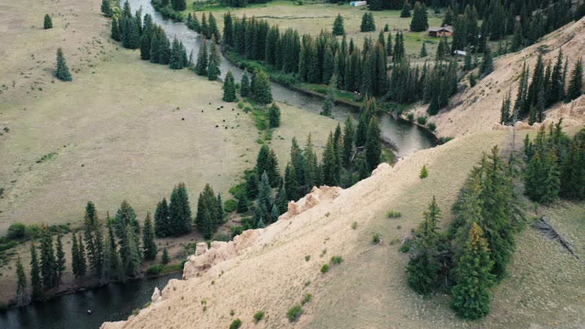 Aerial shot of white bluffs and the Rio Grande river.
