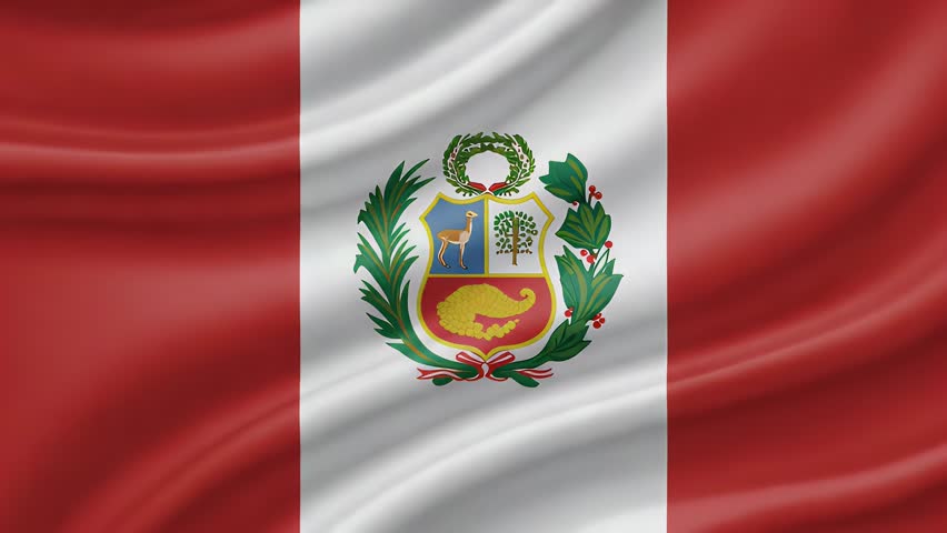 4K footage of the Peruvian flag waving gently. Features red and white vertical stripes with the national coat of arms, symbolizing national identity and independence.