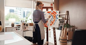 Woman, painting and art on canvas in studio with abstract design, color pattern and creative. Female artist, easel and artwork process for craft project, expression and unique piece at house - Powered by Shutterstock - Get 15% off with code: PIKWIZARD15