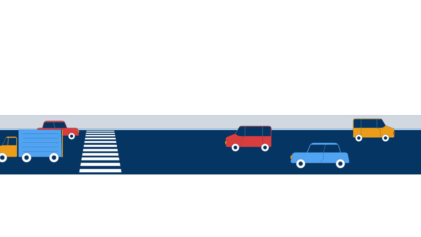 Urban traffic flow with pedestrian crosswalk 2D cartoon object animation. Moving autos, driving cars. Transportation. City road vehicles movement animated flat colorful item 4K video isolated on white