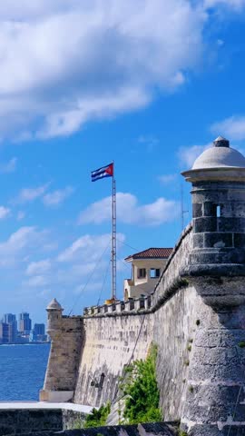 December 15, 2024: Havana, Cuba. The walls of the Spanish fortress of El Morro, with a lighthouse in Havana Bay. Morro Castle, Castillo de los Tres Reyes del Morro in Havana, Cuba. 4К