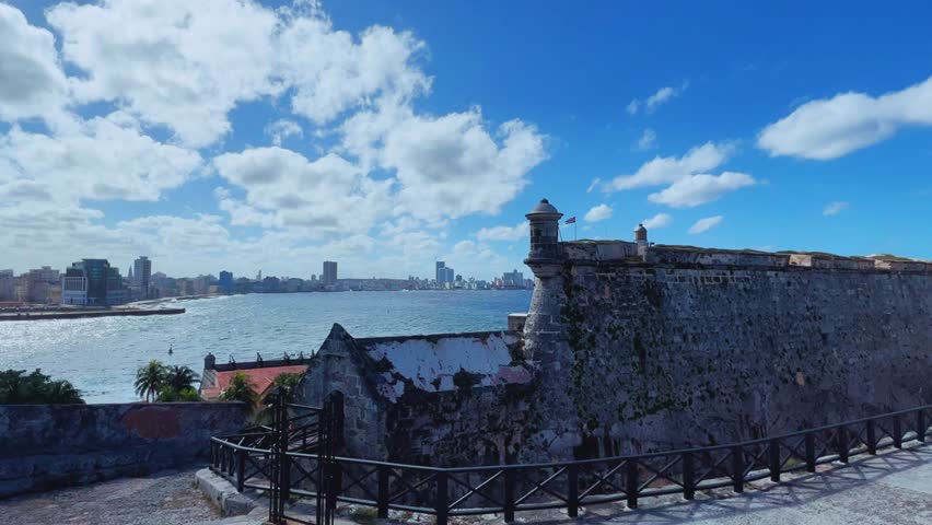 December 15, 2024: Havana, Cuba. The walls of the Spanish fortress of El Morro, with a lighthouse in Havana Bay. Morro Castle, Castillo de los Tres Reyes del Morro in Havana, Cuba. 4К