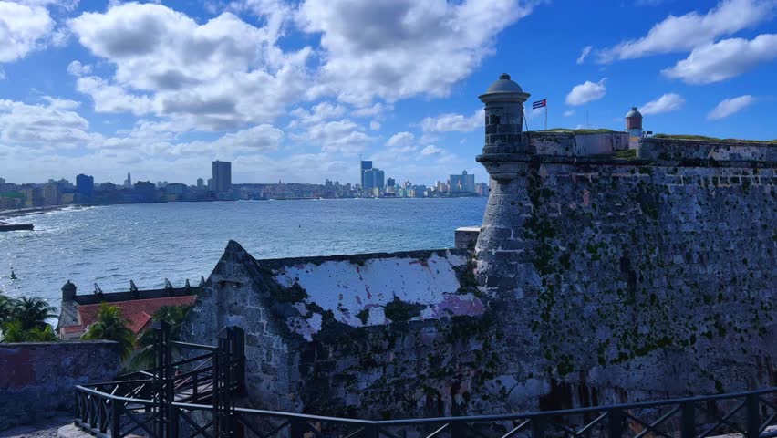 December 15, 2024: Havana, Cuba. The walls of the Spanish fortress of El Morro, with a lighthouse in Havana Bay. Morro Castle, Castillo de los Tres Reyes del Morro in Havana, Cuba. 4К