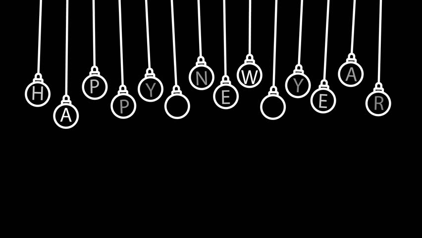 Minimalist animation of hanging baubles forming Happy New Year text in outline icon style. Looped movement, outline icon, overlay icon, overlay, alfa chanel, holiday decoration symbol, festive motion