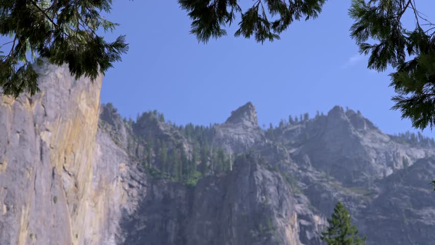 Footage of a striking granite rock formation in Yosemite National Park, California, framed naturally by tall pine trees in the foreground.
