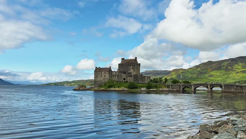 Picturesque View Of Eilean Donan Castle Near Dornie, Kyle of Lochalsh, Scotland, United Kingdom. Wide Shot