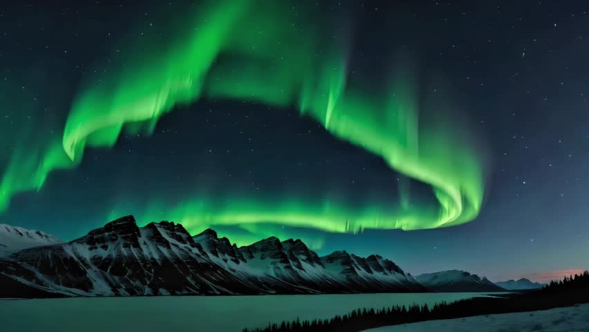 The stunning beauty of the Aurora Borealis dancing in the night sky, above the snowy mountains.
