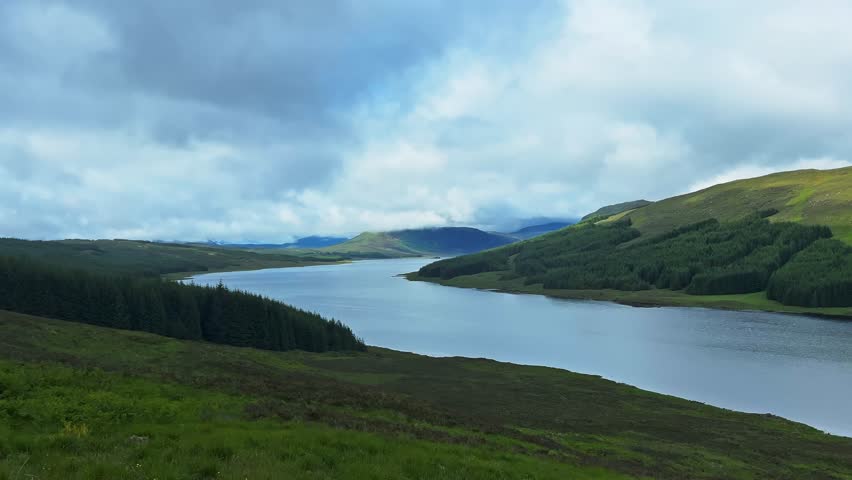 Serene Landscape Of Scottish Highlands On A Cloudy Day. Panning Shot