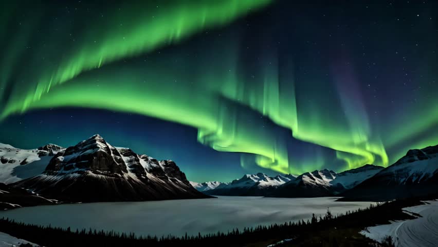The wonder of the Aurora Borealis with green lights dancing in the dark sky above the snow-capped mountain peaks.

