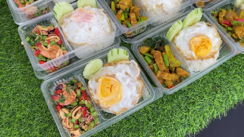 Colorful Thai street food lunch boxes with jasmine rice, stir-fried vegetables, meat, and fried egg, neatly packed in clear plastic containers, displayed on a market stall