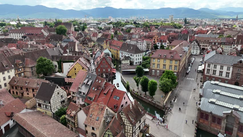Colmar old town centre and river little Venice drone, aerial France