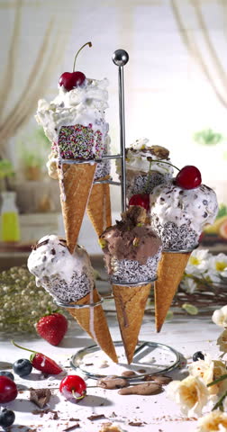 Several colorful ice cream cones melt in a metal stand. Whipped cream cherries coconut and chocolate toppings drip under warm conditions.