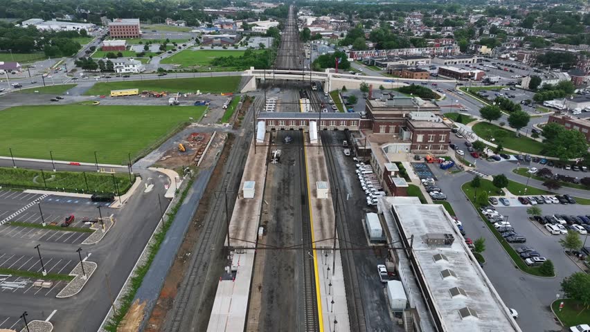 Historic Amtrak train station in Lancaster Pennsylvania. Aerial Birds Eye shot. Railroad and railway in American city.