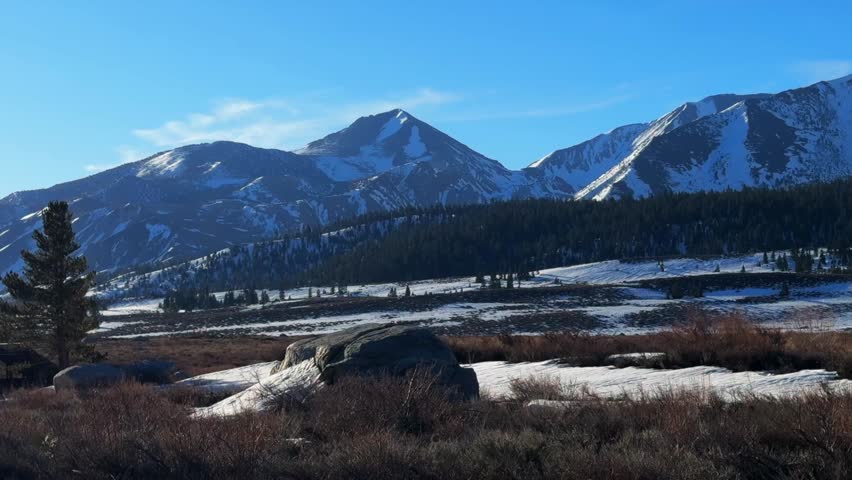 Sherwin Mountain Range Mammoth Mountain Lakes Long Valley Caldera Wheeler Crest California blue sky early morning winter spring Sherwin Creek campground scenic nature landscape view static shot