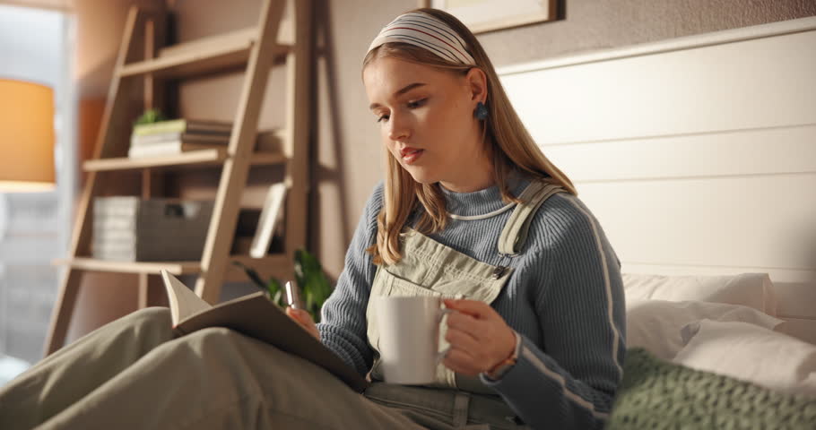 Woman, drinking coffee and writing in notebook on bed for diary entry, inspiration or planning schedule. Morning, girl and journal in bedroom for reflection, to do list and taking notes in home