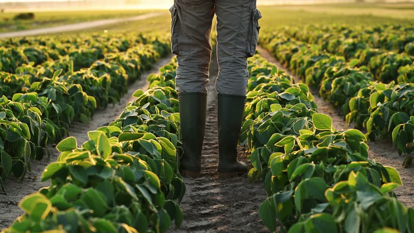 Farm worker walking through cultivated soybean crop field with dry dusty ground, low angle view of rubber boots in dust, 4K with selective focus