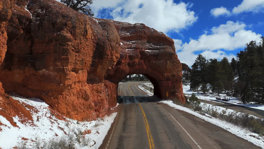 Red Canyon Scenic Drive - Scenic Byway 12 (SR-12) During Winter In Utah, United States of America. - aerial shot