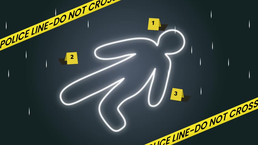 A crime scene illustration featuring a chalk outline, evidence markers, and a police line under dark conditions, evoking a sense of mystery and investigation.
